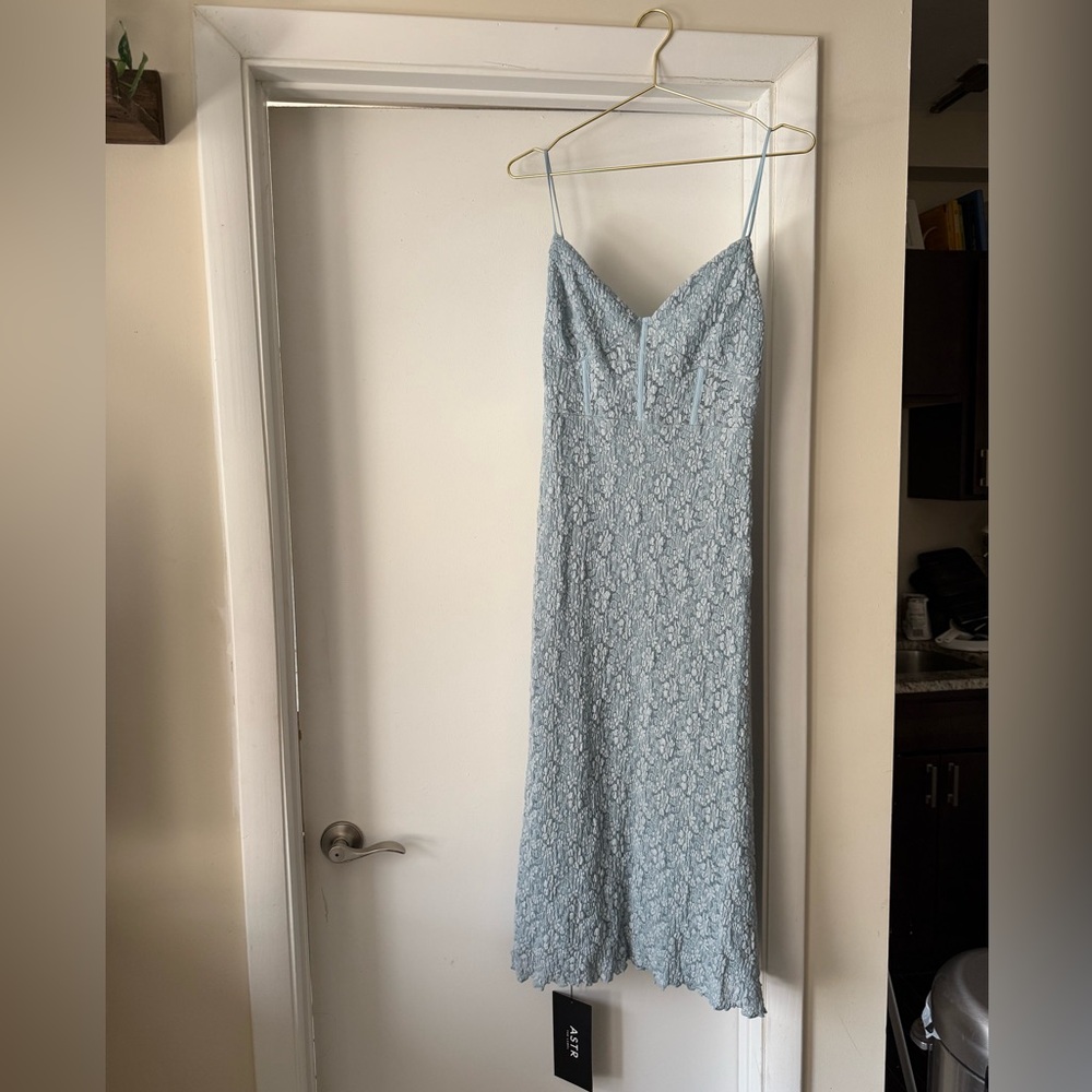 ASTR the Label Dusty Blue Floral Lace Knit Midi Dress